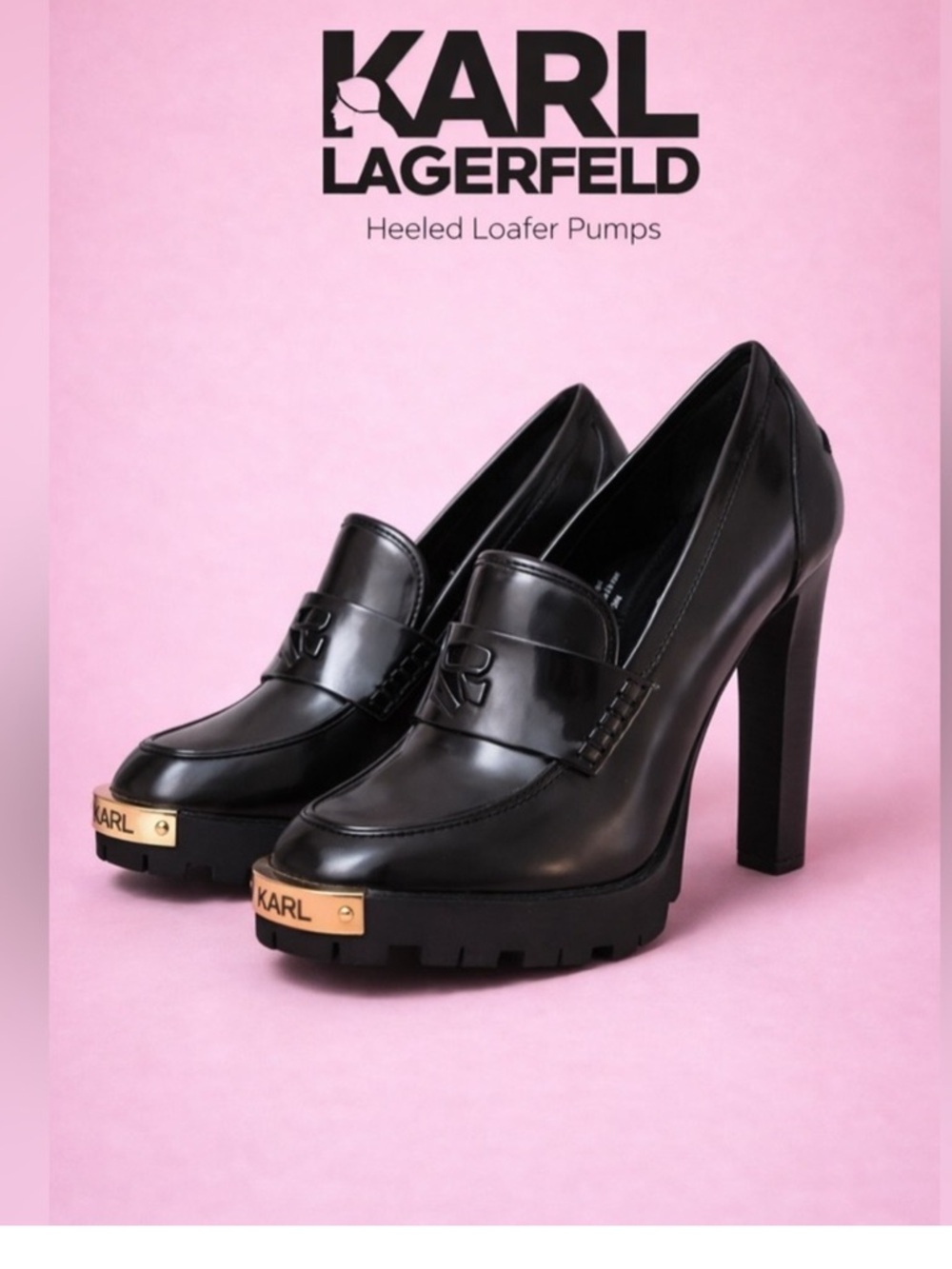 Karl Lagerfeld Black Patent Loafers with Tan Toe Accent - Picture 1 of 12
